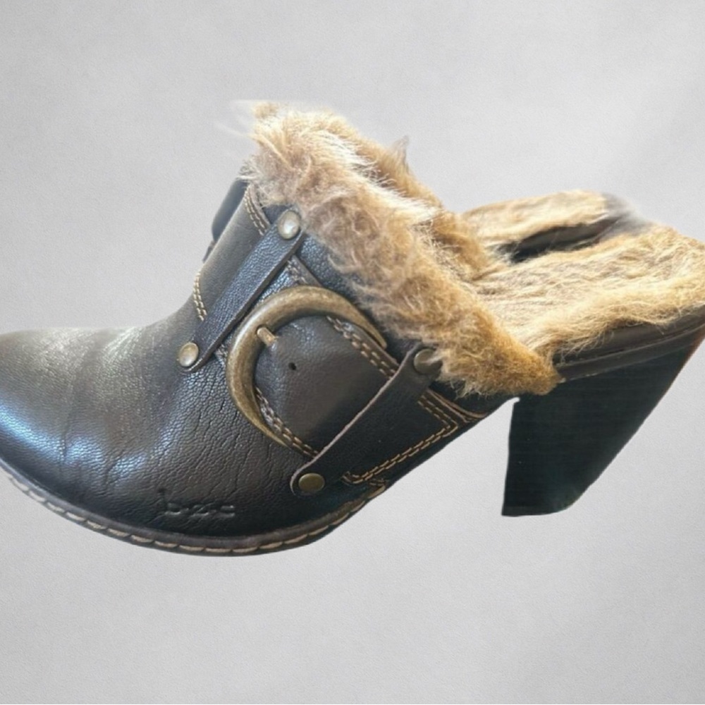 Born Womens Leather Fur-Lined Clog Heels Sz 6 Brown Buckle Slip-On Shoes